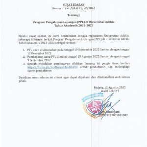 SURAT EDARAN TENTANG PPL DI UNIVERSITAS ADZKIA T.A 2022/2023